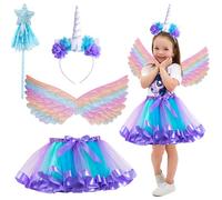 XUNIVERS 4 Pcs Disfraz Unicornio Niña,Conjunto de Cosplay de Unicornio,Varita Mágica, Pinza para el Pelo con Lazo,Disfraces de Fiesta de Unicornio,Disfraz de Princesa para Halloween Navidad Carnaval