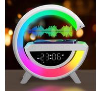 XUNIVERS Nueva Lámpara de Mesa LED Inteligente,Lámpara de Ambiente con Cargador Inalámbrico,Altavoz Bluetooth Lámpara de Luz Nocturna Regulable,Reloj Despertador con Sincronización de Música(Blanco)