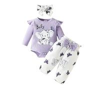 xuntao Bebé Niña Conjuntos Recién Nacido Manga Larga Ruffle Romper Top Floral Pantalones Largos Diadema 3Pcs Ropa Set Toddler Jumpsuit Bodysuit Purple-Tops de Tiras 3-6 Meses