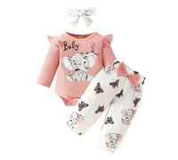 xuntao Bebé Niña Conjuntos Recién Nacido Manga Larga Ruffle Romper Top Floral Pantalones Largos Diadema 3Pcs Ropa Set Toddler Jumpsuit Bodysuit Rosa-Tops de Tiras 9-12 Meses