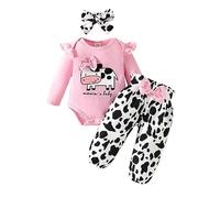 xuntao Bebé Niña Conjuntos Recién Nacido Manga Larga Ruffle Romper Top Floral Pantalones Largos Diadema 3Pcs Ropa Set Toddler Jumpsuit Bodysuit Rosa Toro 3-6 Meses