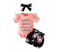 xuntao Conjunto Ropa Bebe Niña Recien Nacido Manga Corta Romper Top + Cortos Pantalones + Diademas Conjunto de 3 Piezas para Bebés 0-18 Meses Rosa+Negro Short 3-6 Meses