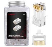 XUNTOP 100 Conectores Cat6 RJ45 (Pass Through) Chapados en Oro con Tarro de Almacenaje Reutilizable Juego de Conector Rj45 Ethernet para Cable Ethernet UTP Sólido/Trenzado de 23-24 AWG