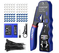 XUNTOP Crimpadora RJ45 Herramienta de Crimpado con Probador de Cable para Cat5 Cat5e Cat6 Cat6a Ethernet Comprobador de Cable de Red con 50 RJ45 Cat6 Cabezas de Cristal de Paso y 50 Fundas Azules