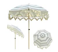 XUQQU Sombrilla Boho con Flecos 200 cm, Protección UPF 50+, 8 Varillas Hierro Antiviento, Inclinación Botón 45°, Parasol Rayas Vintage Impermeable para Playa Jardín Terraza Bodas Piscina(B-Black)