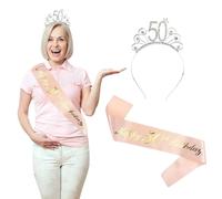 XURJUMI 50 Años Corona Banda Cumpleaños Mujer Tiara Corona y Faja de Oro Rosa Cinturón de Cumpleaños Corona de Diamantes per Torta di Compleanno 50 Regalo Mujer Cumpleaños Decoración