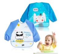 XURJUMI Conjunto de 2 Abero con Mangas Impermeable,Babero de Manga Larga de Bebé con Bolsillo Recoge Comida,con Mangas Impermeable Delantal de Bebé Lavables,para Pintar Artes Bebe Unisex 6 a 36 Meses