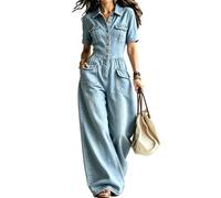 XUSAI Mono de Mezclilla para Mujer, Elegante, de Moda, Manga Corta, Cintura ahumada, Corte Holgado, Pantalones Vaqueros de Pierna Ancha, Mameluco Largo de Mezclilla,Light Blue,M