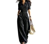 XUSAI Mono de Mezclilla para Mujer, Elegante, de Moda, Manga Corta, Cintura ahumada, Corte Holgado, Pantalones Vaqueros de Pierna Ancha, Mameluco Largo de Mezclilla,Negro,L