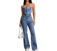 XUSAI Mono Largo sin Tirantes del Dril de algodón de Las Mujeres del Estiramiento Sexy de la Parte Superior del Tubo de los Pantalones Vaqueros Anchos menudos menudos de la Pierna,Azul,M