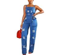 XUSAI Mono Vaquero Rasgado para Mujer, Mono Largo sin Espalda con Tirantes, cinturón,Azul,L