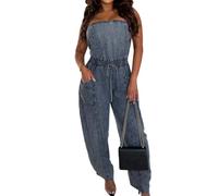 XUSAI Mono Vaquero sin Tirantes para Mujer, Top Recto y Sexy sin Mangas, Mono Vaquero de Pierna Recta, Pantalones Largos