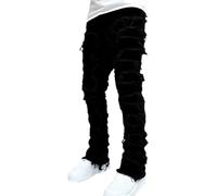 XUSAI Pantalones Vaqueros Apilados Rasgados para Hombre, Pantalones Vaqueros de Pierna Recta deshilachados con Parche Ajustado y elástico a la Moda,Negro,S