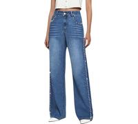 XUSAI Pantalones Vaqueros Holgados de Moda para Mujer, Cintura Alta, elásticos, Ajuste Holgado, Pantalones Vaqueros de Pierna Recta con Tachuelas Brillantes,Azul,S