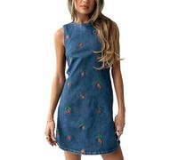 XUSAI Vestido de Mezclilla para Mujer, sin Mangas, Ajustado, Bordado de Fresa, Corto, sin Mangas, Vestido de Mezclilla, Vestidos de Verano,Azul,XL