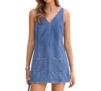 XUSAI Vestido Vaquero Sexy con Cuello en V para Mujer, sin Mangas, Ajustado, Corto, con Bolsillos,Azul,M