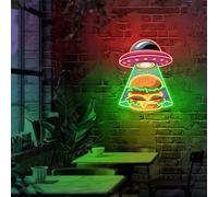 Xusdamyj Hamburger UFO Neon Cartel Alien Secuestro Divertido Burger Luz para Diner Cafe Bar Decoración Espacial Food Art LED Pantalla de Pared Regalo para los amantes de la comida