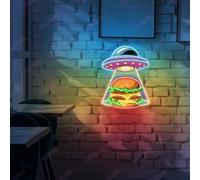 Xusdamyj Hamburger UFO Neon Cartel Alien Secuestro Divertido Burger Luz para Diner Cafe Bar Decoración Espacial Food Art LED Pantalla de Pared Regalo para los amantes de la comida