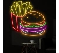 Xusdamyj Letrero luminoso de hamburguesa, cartel LED de papas fritas, letrero de neón personalizado, decoración de restaurantes de comida rápida, lámpara de pared para hamburguesas, regalos para