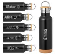 Xusilimo Bidón Térmico de Acero Inoxidable 650 ml, Doble Pared, Tapa de Bambú con Asa y Base de Corcho, Mantiene Frío 15h y Calor 6h, Perfecto para Uso Diario, Nombre y Icono (Negro)