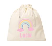 Xusilimo Bolsa de Merienda Infantil Personalizada con Nombre - Algodón Natural, Cierre de Cordón, Reutilizable y Lavable, Ideal para el Colegio - Bolsita de almuerzo (Arcoiris)