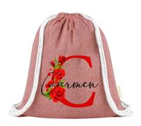Xusilimo Mochila Infantil de Cuerdas en Algodón Reciclado, Ligera y Resistente, Perfecta para Niños, Vuelta al cole, Diseño Iniciales (Inicial con Flor + Nombre, Rojo)