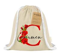 Xusilimo Mochila Infantil de Cuerdas en Algodón Reciclado, Ligera y Resistente, Perfecta para Niños, Vuelta al cole, Diseño Iniciales (Inicial con Flor + Nombre, Natural)