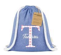 Xusilimo Mochila Infantil de Cuerdas en Algodón Reciclado, Ligera y Resistente, Perfecta para Niños, Vuelta al cole, Diseño Iniciales (Inicial Vichy, Azul)