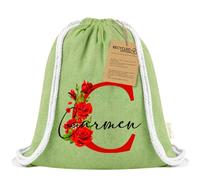 Xusilimo Mochila Infantil de Cuerdas en Algodón Reciclado, Ligera y Resistente, Perfecta para Niños, Vuelta al cole, Diseño Iniciales (Inicial con Flor + Nombre, Verde)