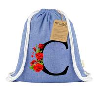 Xusilimo Mochila Infantil de Cuerdas en Algodón Reciclado, Ligera y Resistente, Perfecta para Niños, Vuelta al cole, Diseño Iniciales (Inicial con Flor, Azul)