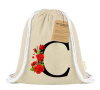 Xusilimo Mochila Infantil de Cuerdas en Algodón Reciclado, Ligera y Resistente, Perfecta para Niños, Vuelta al cole, Diseño Iniciales (Inicial con Flor, Natural)