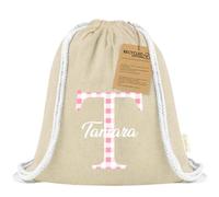 Xusilimo Mochila Infantil de Cuerdas en Algodón Reciclado, Ligera y Resistente, Perfecta para Niños, Vuelta al cole, Diseño Iniciales (Inicial Vichy, Natural)