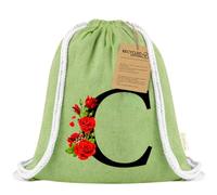 Xusilimo Mochila Infantil de Cuerdas en Algodón Reciclado, Ligera y Resistente, Perfecta para Niños, Vuelta al cole, Diseño Iniciales (Inicial con Flor, Verde)