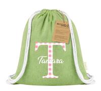 Xusilimo Mochila Infantil de Cuerdas en Algodón Reciclado, Ligera y Resistente, Perfecta para Niños, Vuelta al cole, Diseño Iniciales (Inicial Vichy, Verde)