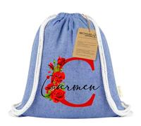Xusilimo Mochila Infantil de Cuerdas en Algodón Reciclado, Ligera y Resistente, Perfecta para Niños, Vuelta al cole, Diseño Iniciales (Inicial con Flor + Nombre, Azul)