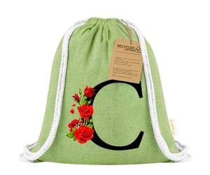 Xusilimo Mochila Infantil de Cuerdas en Algodón Reciclado, Ligera y Resistente, Perfecta para Niños, Vuelta al cole, Diseño Iniciales (Inicial con Flor, Verde)