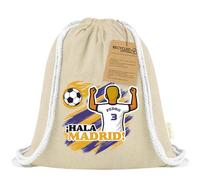 Xusilimo Mochila Infantil de Cuerdas en Algodón Reciclado, Ligera y Resistente, Perfecta para Regalos, Colegio y Excursiones, Diseño Único para amantes de futbol (Madrid, Natural, Chico)