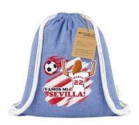 Xusilimo Mochila Infantil de Cuerdas en Algodón Reciclado, Ligera y Resistente, Perfecta para Regalos, Colegio y Excursiones, Diseño Único para amantes de futbol (Sevilla, Azul, Chica)