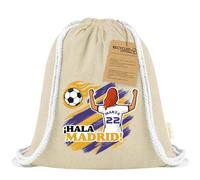 Xusilimo Mochila Infantil de Cuerdas en Algodón Reciclado, Ligera y Resistente, Perfecta para Regalos, Colegio y Excursiones, Diseño Único para amantes de futbol (Madrid, Natural, Chica)