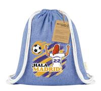 Xusilimo Mochila Infantil de Cuerdas en Algodón Reciclado, Ligera y Resistente, Perfecta para Regalos, Colegio y Excursiones, Diseño Único para amantes de futbol (Madrid, Azul, Chica)