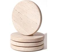 Xuxinsheng Posavasos redondos de mármol beige de 4 pulgadas de travertino natural, juego de 4, posavasos perfectos para oficina y