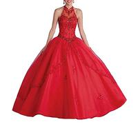 XUYUDITA Apliques de Mujer de Cuello Alto con Cuentas largas Vestidos de Quincea?era Rojo-32