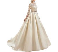 XUYUDITA Cuello de la Mujer Cuello Vestidos de Novia V Sat¨¦n Vestidos de Novia de Encaje con Mangas largas Blanco-36