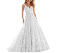 XUYUDITA Vestido de Novia de Encaje Cuello en V con Cuentas de Vestidos de Novia Appliques Correas Vestido de Novia Blanco-42