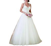 XUYUDITA Vestido de Novia Simple de Doble Cuello en V de Las Mujeres Bodice de la Bola de la l¨ªnea a la Novia para la Novia Blanco-38