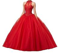 XUYUDITA Vestidos de Noche Quinceanera de Vestido de Baile Abierto de la Pelota de Mujer con Encaje de Perlas Vestidos de Noche Rojo-42