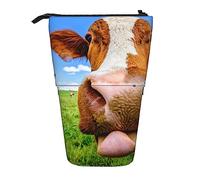 XVBCDFG Close Up of Cow at A Farm - Estuche telescópico para lápices de papelería, bolsa para lápices de pie, taza para lápices con cremallera, ver imagen, Talla única, Mochila escolar