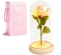XVZ La Bella y la Bestia Rosa Eterna - Regalo de flores para mujeres, rosa bajo campana de cristal con LED y soporte de madera para madre, esposa o novia para Navidad, San Valentín o aniversarios