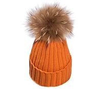 xwanli Gorro de punto para mujer con pompón de pelo real, gorro de invierno con pompón, oso de mapache, regalo de Navidad naranja Talla única