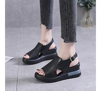 XWCG Sandalias de Cuña Mujer Verano Elegante Sandalias de Punta Abierta Cuero Cómodo Plataforma Flip Flop Zapatillas de Playa Banda Elástica Informal para Mujer,Negro,US7/EU38